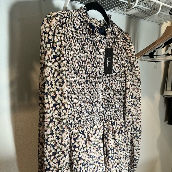 Lulus Floral Navy Blue Print Smocked Dress - Picture 3 of 3